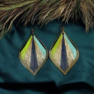 Gold Tone String Art Leaf Shape Peacock Feather Dangle Large Statement Earrings